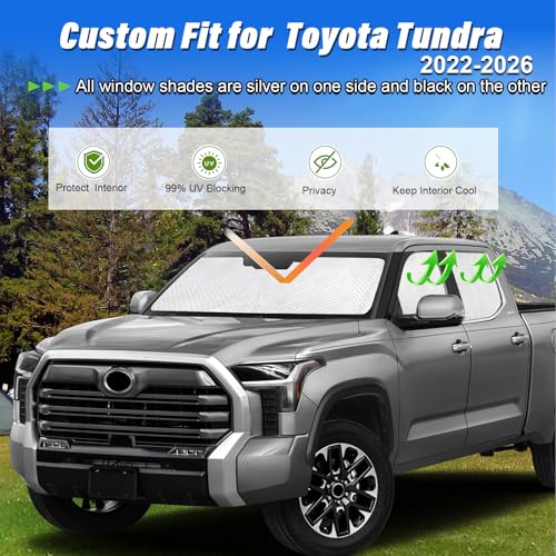 Image of KMF 6pcs Thicken Sun Shades for Toyota Tundra 2022-2025 2026 Accessories, Custom Fit Tundra Sunshade Full Car Window Covers for Windshield Side Rear, UV Block and Privacy Blackout for Camping Outdoor