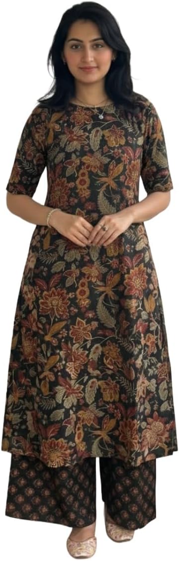 ANNI DESIGNER Women's Viscose Blend Straight Printed Kurta with Palazzo | Elbow Length Sleeve Kurti Set | Close Neck with Back Slit | Soft Comfortable Fabric | 2 Piece Ou