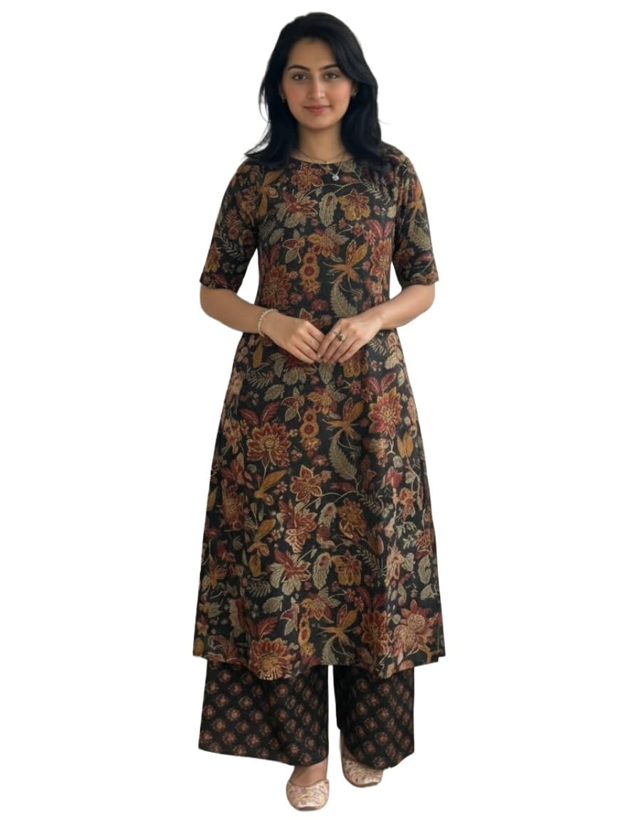 ANNI Designer Women’s Rayon Viscose Straight Printed Kurta with Palazzo | Elbow Length Sleeve Kurti Set | Close Neck with Back Slit | Soft Comfortable Fabric | 2 Piece Outfit