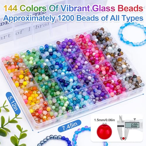 Image of XSEINO About 1200PCS 6mm Glass Beads Bracelet Making Set, 144 Color Colorful Round Style Glass Beads for Bracelet and Jewelry Making and DIY Crafts,Friendship Bracelets