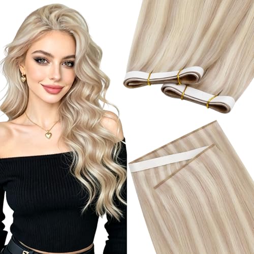 Image of LaaVoo Tape Weft Hair Extensions Highlight Blonde Seamless Tape in Hair Extensions Human Hair PU Weft Tape in Extensions Ash Blonde with Bleach Blonde 24inch 50G