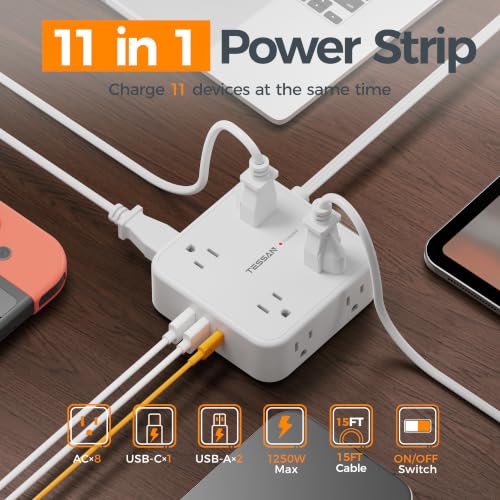 Image of TESSAN Surge Protector Power Strip, 15 Ft Flat Plug Extension Cord with 3 USB (1 USB C 20W PD) 8 Outlets, 1250W, 900J Protection, 3 Sided Outlet Extender with Power Switch for Office, Dorm Room, White