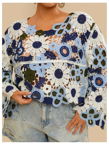Floerns Women's Plus Size Floral Crochet Hollow Out Sweaters Long Sleeve Pullover Crop Tops4