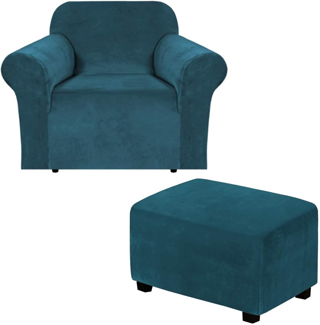 H.VERSAILTEX Velvet One Piece Sofa Slipcover (Chair 32"-48", Deep Teal) Bundles Rectangle Ottoman Slipcover (Large, Deep Teal)