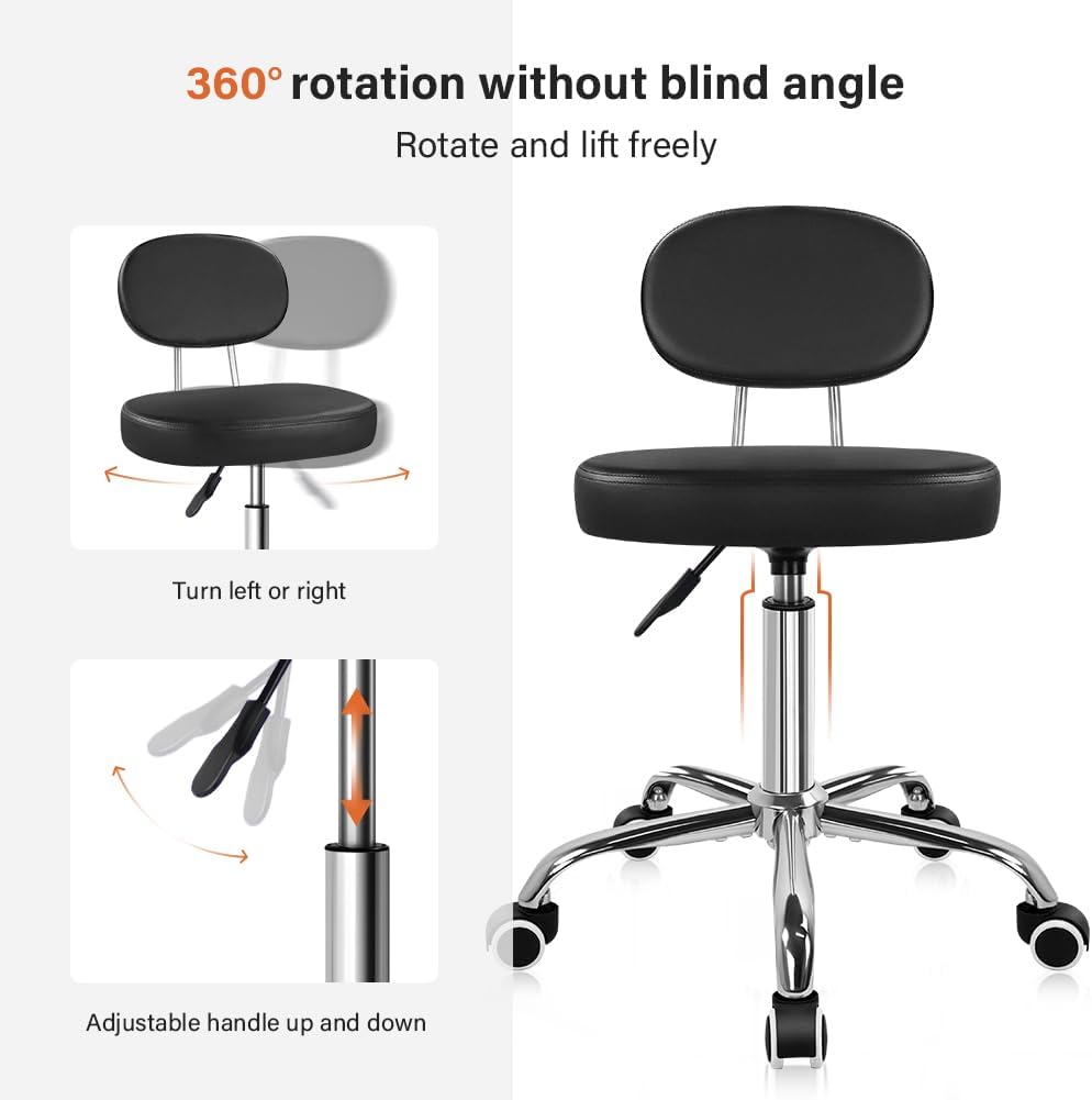 KKTONER Home Office Chair Rolling Stool with Swivel Wheels Adjustable Height Work Chair Matte PU Leather Drafting Stool Chair with Backrest Computer Chair Black