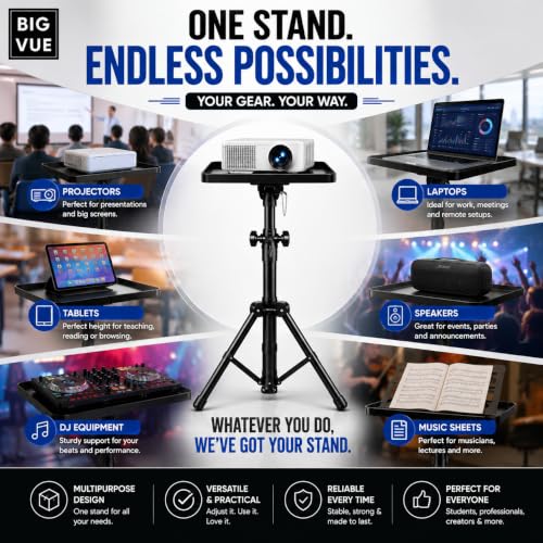 Image of BIG VUE Projector Tripod Stand | 23 inch to 46 inch Height Adjustable Laptop Floor Stand with Plate | Multi-Purpose Heavy-Duty Portable Mount for Speaker, Office, Home Theater, Events, Stage, Studio, DJ Racks