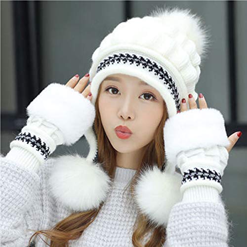 Vohoney Chapeaux d'hiver Bonnet Femme Hiver avec Pompon Bonnet Tricoté Chaud écharpe Ensemble d'hiver Femme Winter Hat Set (Blanc Femme Bonnets) Cover