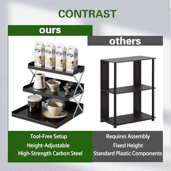 Spice Rack, Carbon Steel Foldable Kitchen Storage, 3-Tier Cup Organizer, 2-Level Adjustable, Black Counter Shelves, Includes Milk Frother and 100 Straws
