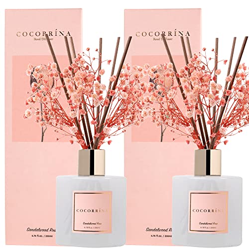 Image of Cocorrina Premium Reed Diffuser Set with Preserved Baby's Breath & Cotton Stick Sandalwood Rose 2 Packs, 6.7oz Scent Fragrance Oil Diffuser for Bedroom Bathroom Home Decor