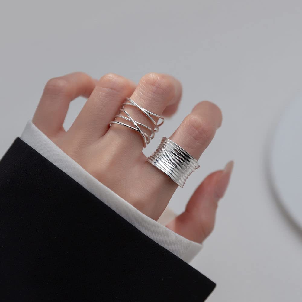 Anelli D'Argento,S925 Linee Multistrato In Argento Sterling Anello Anelli Regolabili Minimalista Anello Aperto Argento Pollice Anello Eternità Anello Fascino Di Nozze Gioielli Regali Per Uomini Rag