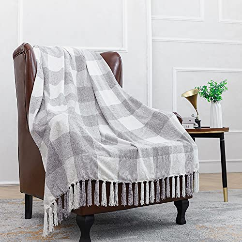 Grey White Buffalo Plaid Decor Blanket, Lightweight Soft Chenille Check Knitted Rustic Farmhouse Throw With Tassels For Couch Sofa Chair Bed Office Home, Gray And Ivory, 50" X 60" #TOP2