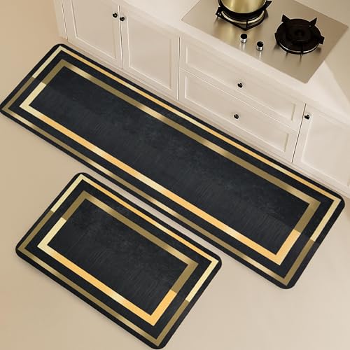 Image of HomeStrap Set of 2 Absorbent Anti Skid Kitchen Floor Mat | Rubber Mats for Sink, Cooking Area & Kitchen Entrance | Quick Dry, Waterproof, Easy to Clean Kitchen Runner Mat Set - Black