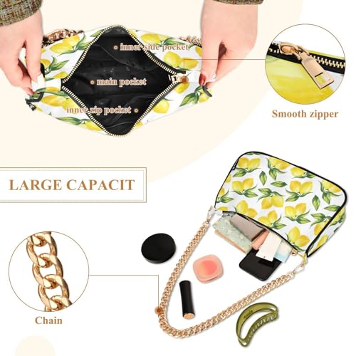 Image of Shoulder Bags for Women Vintage Yellow Lemon Fruit and Blue Print Hobo Tote Handbag Small Clutch Purse with Zipper Closure