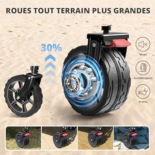 SLIDBEAT Chariot de Plage 220L 200KG, Chariot de Transport Pliable avec Roues Pivotantes à 360°, XXL Chariot de Jardin à Poignée à Rebond Automatique Tout Terrain avec Freins, pour Pêche Camping