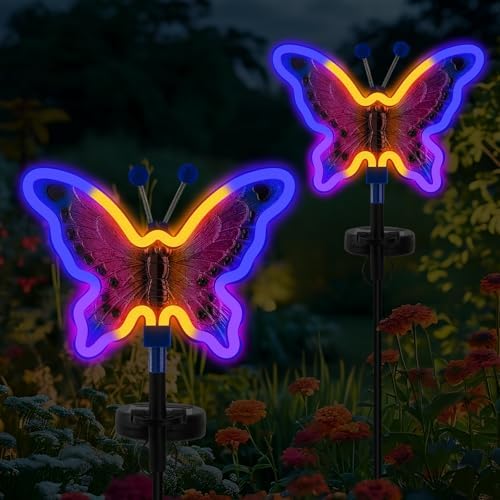 2 Pack Solar Garden Lights With Butterfly Flowers - Waterproof Outdoor Solar Lights For Patio & Yard