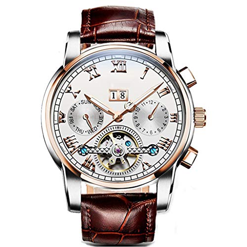 Carnival Montre Homme avec Affichage Semaine/Date, Automatique Noyau Mécanique Verre Enduit Anti-Rayures Montre-Bracelet Creuse Gold White/Leather