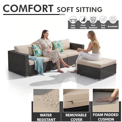 Image of OUTLIVING 6-Piece Patio Furniture Set Outdoor | 8 Seater Manual Weaving HDPE Wicker Sectional Sofa with Ottomans, Center Table & Cushions Couch Set | Ideal for Porch, Lawn, Garden (Dark Brown & Cream)