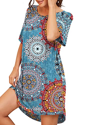 PrinStory Womens Nightshirts Short Sleeve Nightgown Soft Sleepwear Round Neck Casual Loungewear FP-Mix Blue-Large