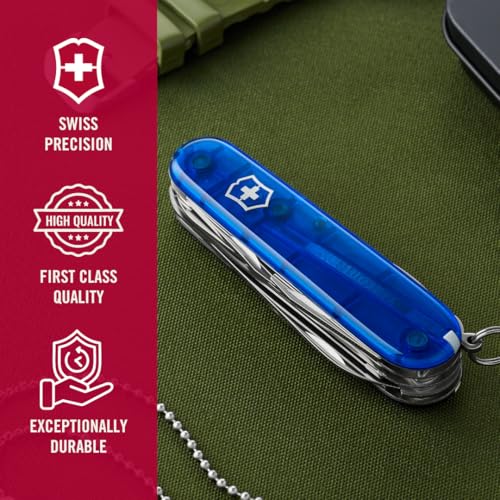 Image of Victorinox Huntsman Swiss Army,15 Function Pocket Knife, Blue Transparent | Swiss Made Multi-Tool with Wood Saw, Scissors & Screwdriver Compact Design for Camping, Hiking and Daily Carry