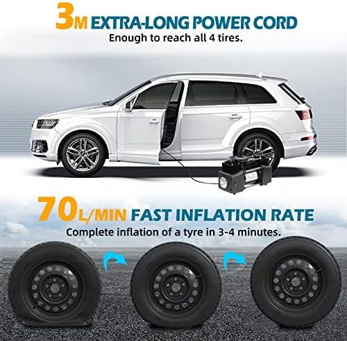 H.yeed Tyre Inflator Air Compressor, Portable Mini 180W 150PSI Double Cylinders Air Pump for Car Tyres 12V DC Tyre Pump with Digital Display, Storage Bag, 3 Nozzle, Extra Fuse and 3M Hose