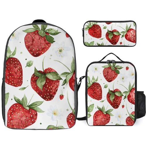 Sac à dos homme femme 3 pièces motif fraise avec trousse