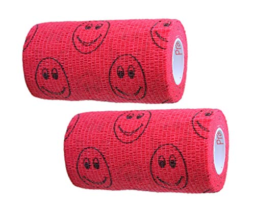 Image of Vet Wrap Wrap Tape (Red with Smiles) (2 Pack) (4 Inch x 15 feet) Self Adhesive Adherent Adhering Cohesive Flex Self Stick Bandage Grip Roll Dog Cat Pet Horse