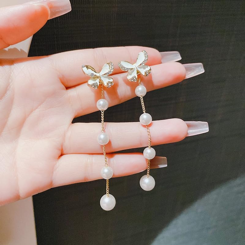 One Boho Pearl Drop Dangle Earring & Two Size Pearl Stud Earrings Gold Long Tassel Pearl Earrings Tiny Pearl Chain Earrings Vintage Earrings Jewelry for Women - Image 3