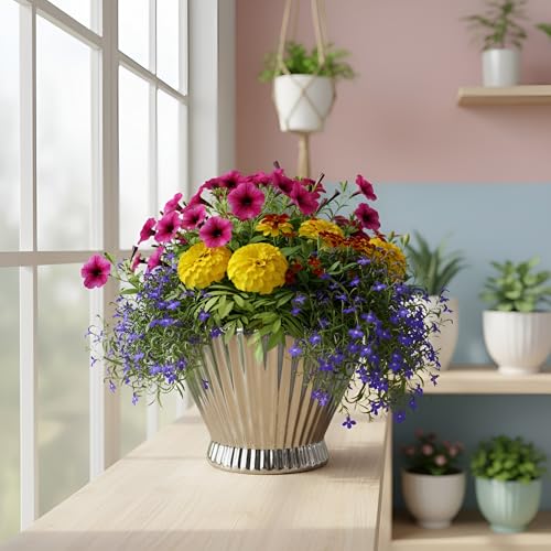 Image of Xtore Ornamental Ceramic Floral Bowl Planter | Ribbed Centerpiece Flower Pot for Coffee Table & Living Room Decor - (Metallic Silver, Planter ONLY)