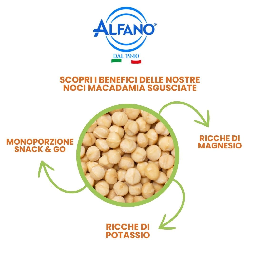 Alfano dal 1940 Noci Macadamia Sgusciate Snack & Go 20 Pacchetti Monoporzione da 30g Frutta Secca Ricca di Magnesio e Fonte di Potassio