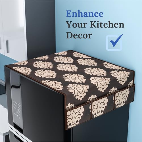 Image of Kuber Industries Cotton Fridge Top Cover | Washable & Anti-Dust Refrigerator Top Cover with 6 Utility Pockets for Kitchen | Floral Design - Brown