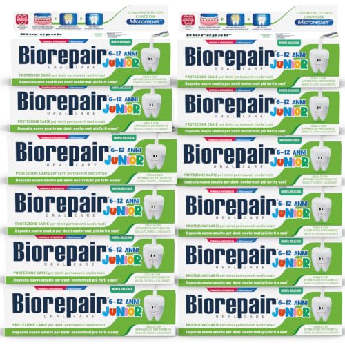 Biorepair Junior, Dentifricio Protezione Carie, Per Bambini 6-12 Anni, Aroma Delicato alla Menta, Con MicroRepair, Senza Fluoro e Coloranti, 12x75ml