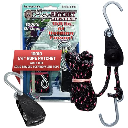 Rope Ratchet 1/4" Adjustable Pulley System – 150 lb Capacity Heavy-Duty 8' Braided Polypropylene Rope, Locking Rope Hanger, Grow Lights, Tarp Tie Downs, Kayak Straps, Plant Pulleys, Tent Tie Downs
