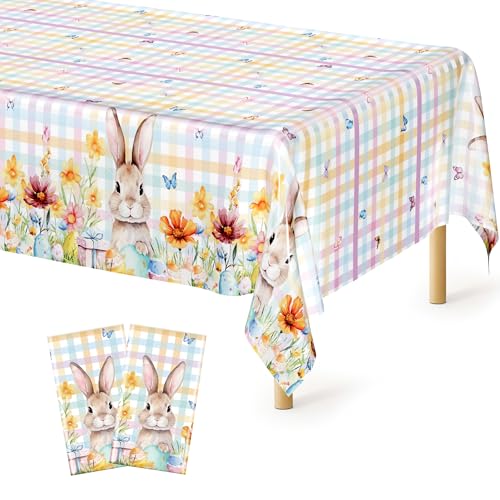 Image of QZYL 2 Pack Easter Tablecloth Disposable, 54 inch x 108 inch Easter Decorations for Table, Plastic Table Cloths with Colorful Eggs Bunny Flower, Rectangular Spring Tablecloths for Party Decorations Supplies