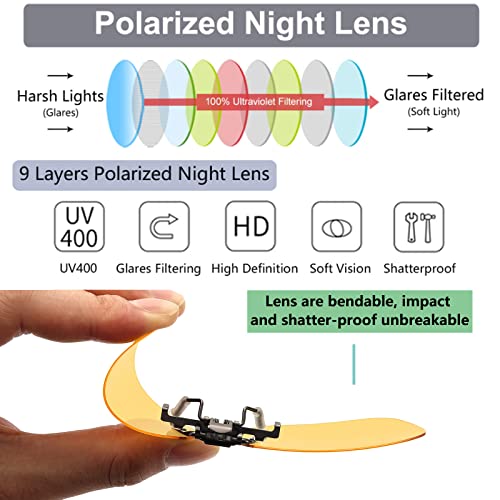 Image of CAXMAN Clip on Sunglasses and Clip on Night Driving Glasses over Prescription Eyeglasses Flip up for Men Women Anti Glare HD Polarized for Night Vision, Grey & Yellow Lens Extra Large 60*47mm 2 Pack