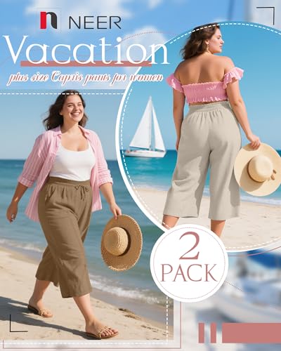 Neer 2 Pack Women's Plus Size Linen Capri Pants Wide Leg High Waisted Drawstring Lounge Palazzo Casual Trousers with Pockets2