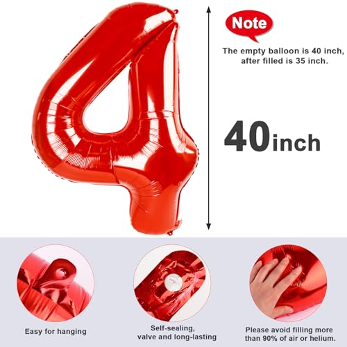 Image of 4 Balloon Numbers Birthday Decorations, 40In Red Balloons for Men Women | Eye-catching Appearance, Perfect Decorative Centerpieces, Convenient Self-sealing Structure, Widely for Various Occasions