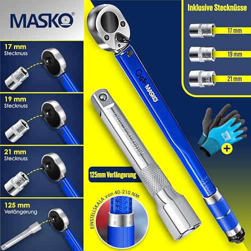 MASKO® Drehmomentschlüssel 6tlg. Set 40-210Nm 1/2' CV inkl. 3 Stecknüsse 17mm 19mm 21mm...