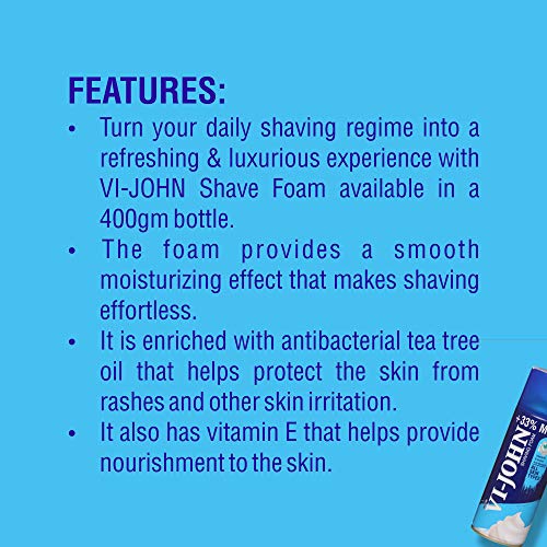 Image of VI- JOHN Shaving Foam For Men, All Skin Type Shaving Foam With Goodness of Nature, Tea Tree Oil, Vitamin E Enriched and Anti- Bacterial Formula (400gm Each- Pack of 2)