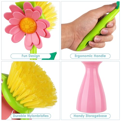 Image of Long Handle Flower Pot Brush, Florganic Dish Brush with Vase, Long Handle Dish Brushs Kitchen, for Cleaning Pot Pan Sink Kitchen Supplies Decorative Vase (2Pcs Pink, Blue)