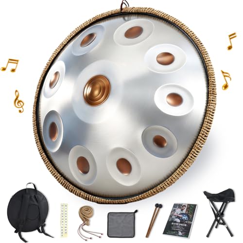 Handpan Drum 22 Inch, 10 Notes Triple-topped Hand Drum Instrument, 432Hz D Minor Kurd Premium Steel Hand Pan Drum for Adults, Complete Kit Includes Carrying Case, Stand, User Manual (Golden Eye)