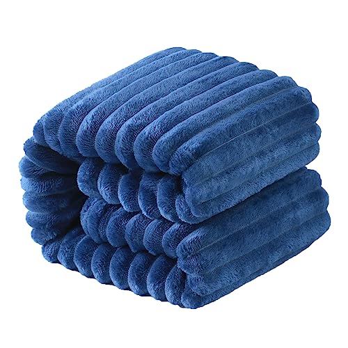 NTBAY Plush Flannel Twin Bed Blanket, 60X80 Inches Soft and Warm Lightweight Blanket with Striped Texture Bed Blanket for Couch Sofa Bed All Seasons, 60"x80", Navy Blue