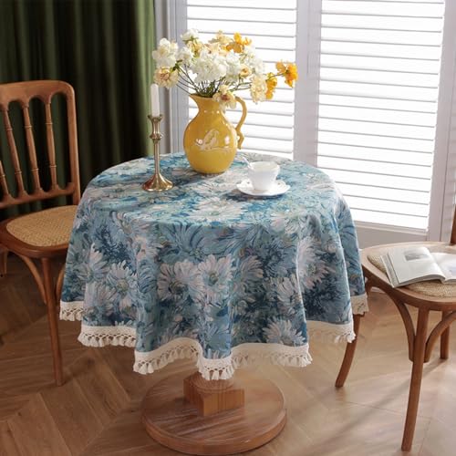 Nappe jacquard marguerite bleu ronde KnSam 120cm en coton polyester de qualité supérieure