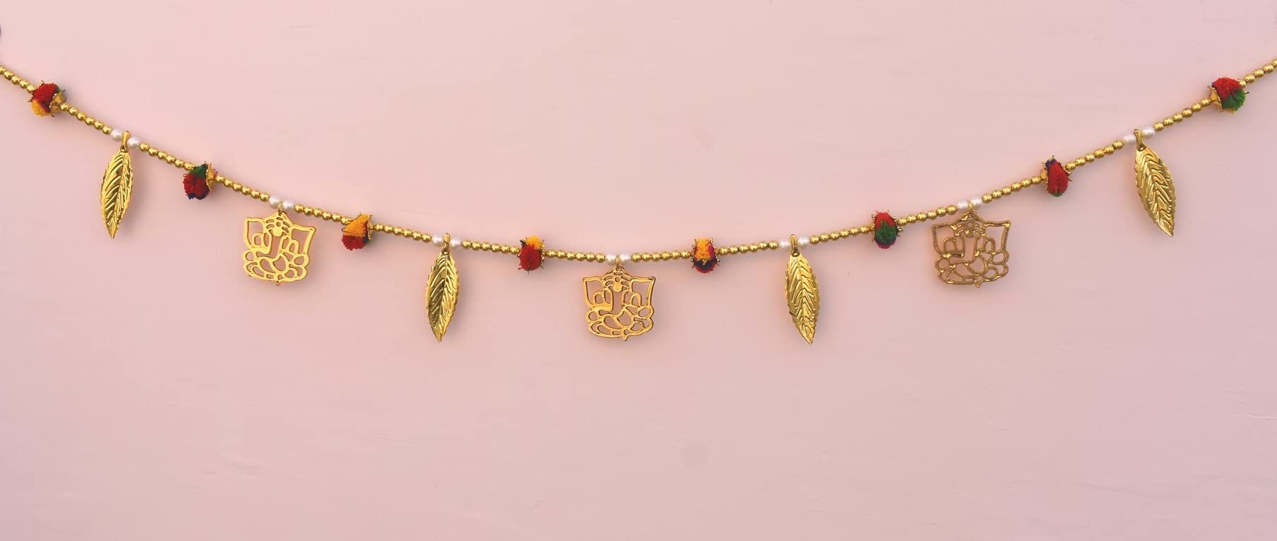 CREYENTES® Bandhanwar For Main Door Bandhanwar With Golden Ganesha Design With Pompom To Celebrate Diwali Decoration Items Home Mandir Puja Décor,Navratri Onam Pongal Pooja Room [ 3.15 Feet ]-Ganesh Fumka