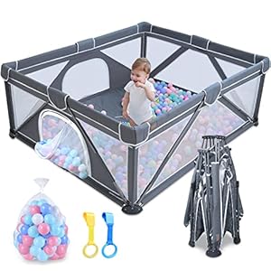 Foldable Baby Playpen, Yobear Large Playpen for Babies and Toddlers with 50 PCS Ocean Balls & 2 Handles, Indoor & Outdoor Kids Safety Play Pen Area, Portable Travel Play Yard (59″ × 59″, Dark Grey)