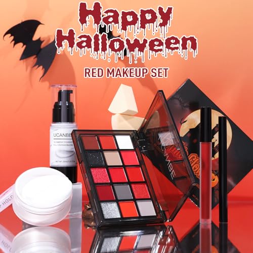 UCANBE Red Halloween Makeup Kit – Clown Vampire Joker Demon Makeup Set for SFX Costume Cosplay with Eyeshadow Palette, White Foundation, Red Liquid, Black Eyeliner, Setting Powder & Sponges - Image 8