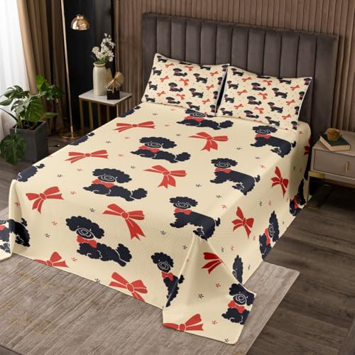 Erosebridal Black Dog Coverlet Set,Red Bows Quilt Set Twin Size for Kids Boys Girls,Kids Kawaii Puppy Bed Cover,Oil Art Animal Bowknot Bedspread Set