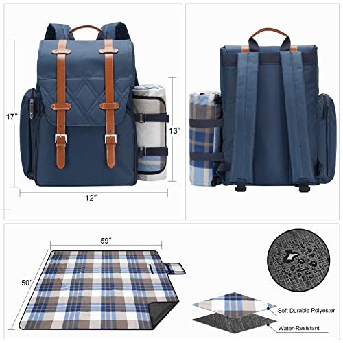 Picnic Backpack for 4 Person with Large Insulated Cooler Bag, Picnic Basket Set with Wine Pouch, Waterproof Picnic Blanket & Cutlery Set. Perfect for, Camping, Party,Wedding Gift for Couple,Blue - Image 4