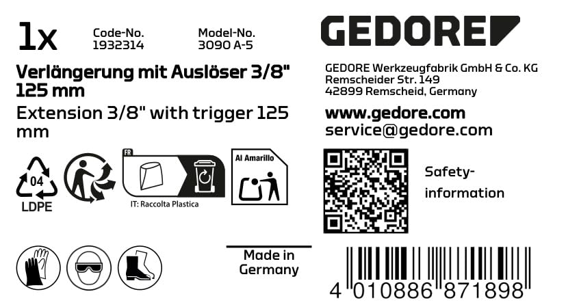 GEDORE Extension with Shutter Release 3/8 inch 125 mm, 1 Piece, 3090 A-5 - Image 2