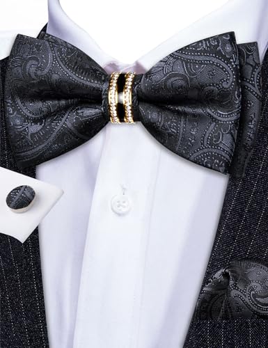 Image of YOHOWA Mens Bow Tie Set Paisley Pre-tied Bowties Adjustable with Handkerchief Cufflinks Gold Ring Set Wedding Prom Party
