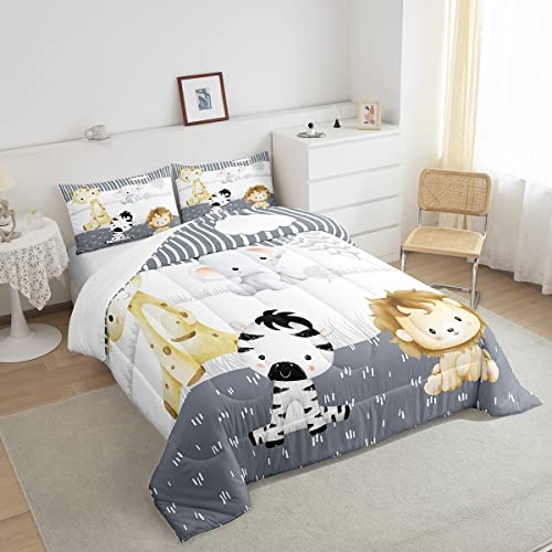 Lovely Animals Full Size Comforter Set Cute Elephant Bedding Set For Kids Adults Teens Zebra And Giraffe Comforter Luxury Gray And White Quilt Set Room Decor 3Pcs #TOP1